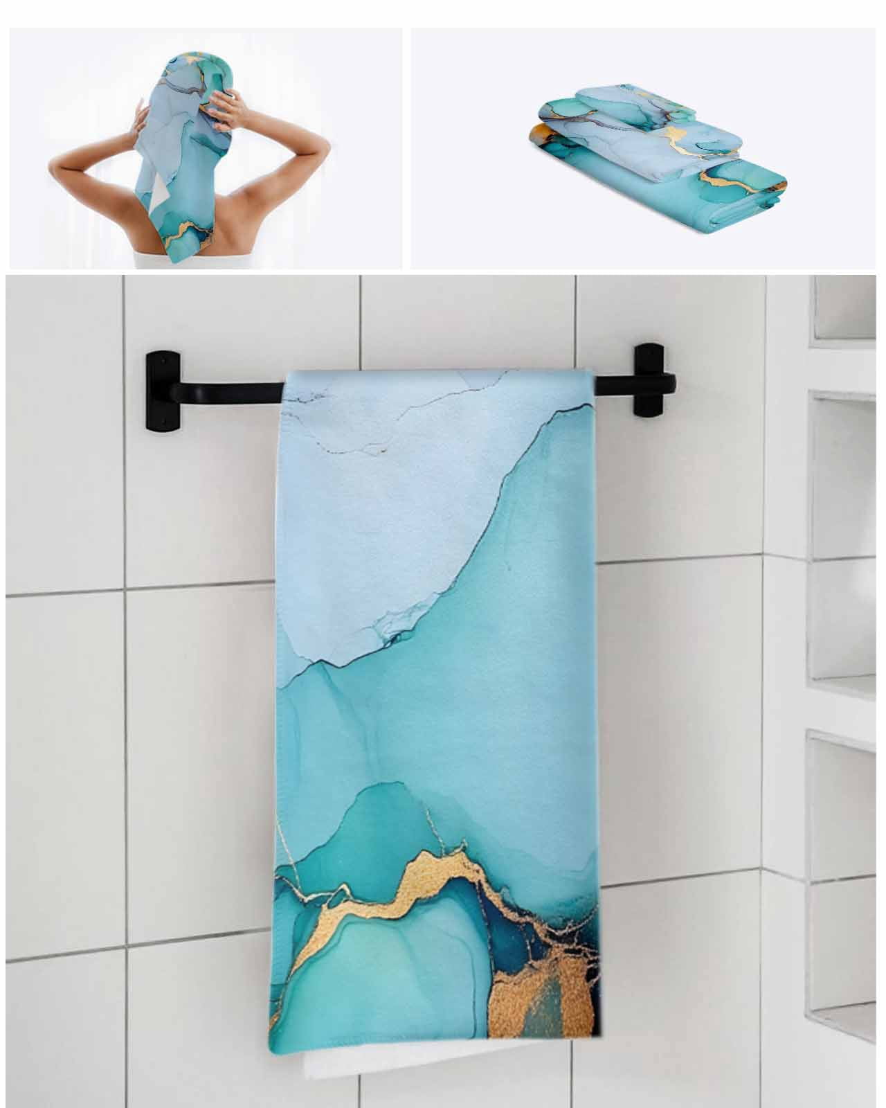 Turquoise Marble Towel Set of 3, Soft Microfiber Bath Towels, Hand Towel, Washcloths, Abstract Green Modern Luxury Cracks Quick-Dry Absorbent Towels for Bathroom Kitchen Hotel Beach Gym Spa