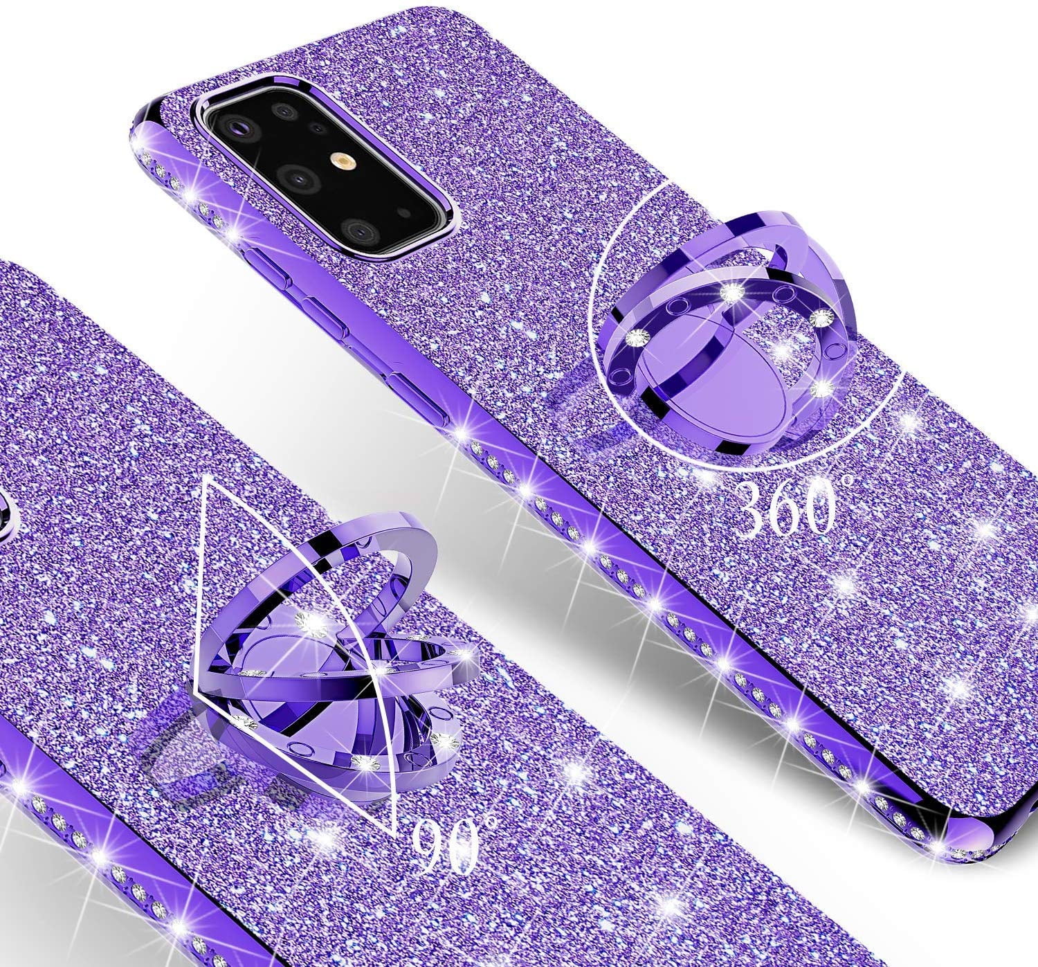 SOGA Glitter Diamond Rhinestone TPU Phone Cover with Ring Stand and Lanyard Girls Women Cover Compatible for Samsung Galaxy S20 Plus Case Purple 