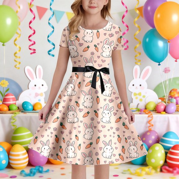 ZHOGXU Toddler Kids Girls Easter Dress Short Sleeve Round Neck Cartoon Print A Line Comfortable Elegant Dresses For Festivals Party,Beige,7-8 Years
