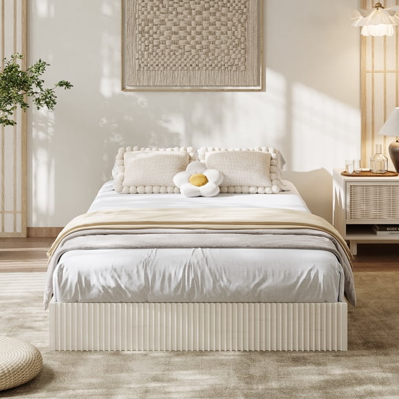 Twin Size Bed Frame, Wood Platform Bed, Fluted Bed Frame, Minimalist Bed Base with Low Profile Design, Noise-Free, Easy Assembly, No Box Spring Needed, Cream White
