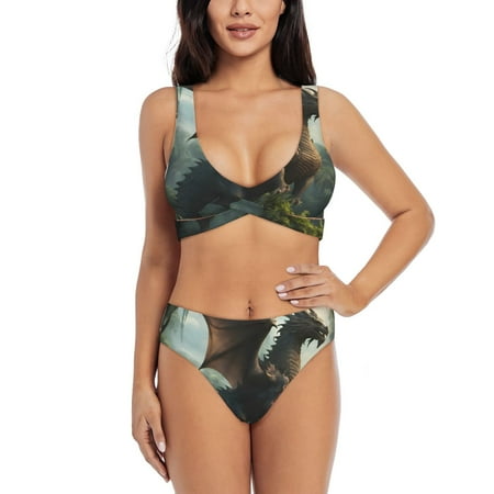 Zeuib Forest Stone-Colored Dragon High Waisted Tummy Control Bikini Set - Knot Front Push Up Top & Cheeky Thong Bottom  Two-Piece Swimsuit for Women-X-Large