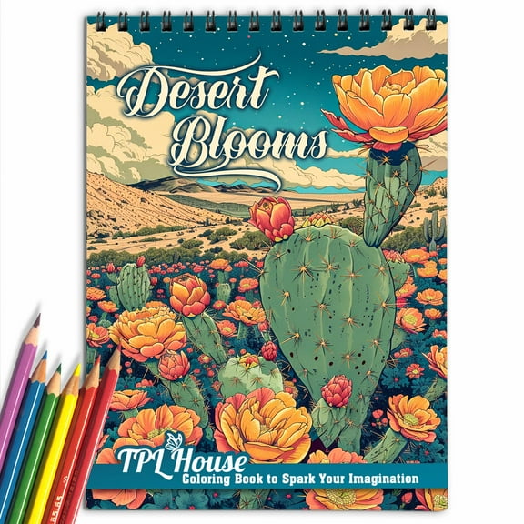 TPLHOUSE Desert Blooms Coloring Book for Adults, Spiral Bound, Soft Cover