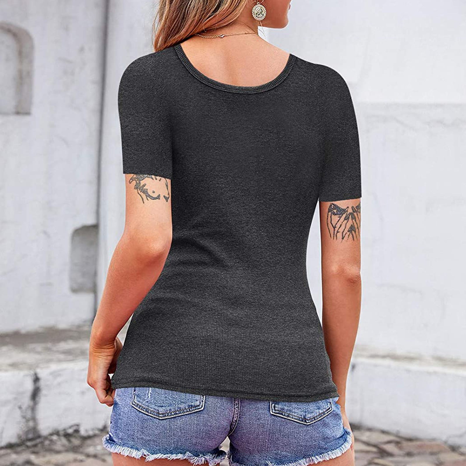 Womens Basic Sexy Low Cut Button Down Tight Slim Fitted Tee Tops T