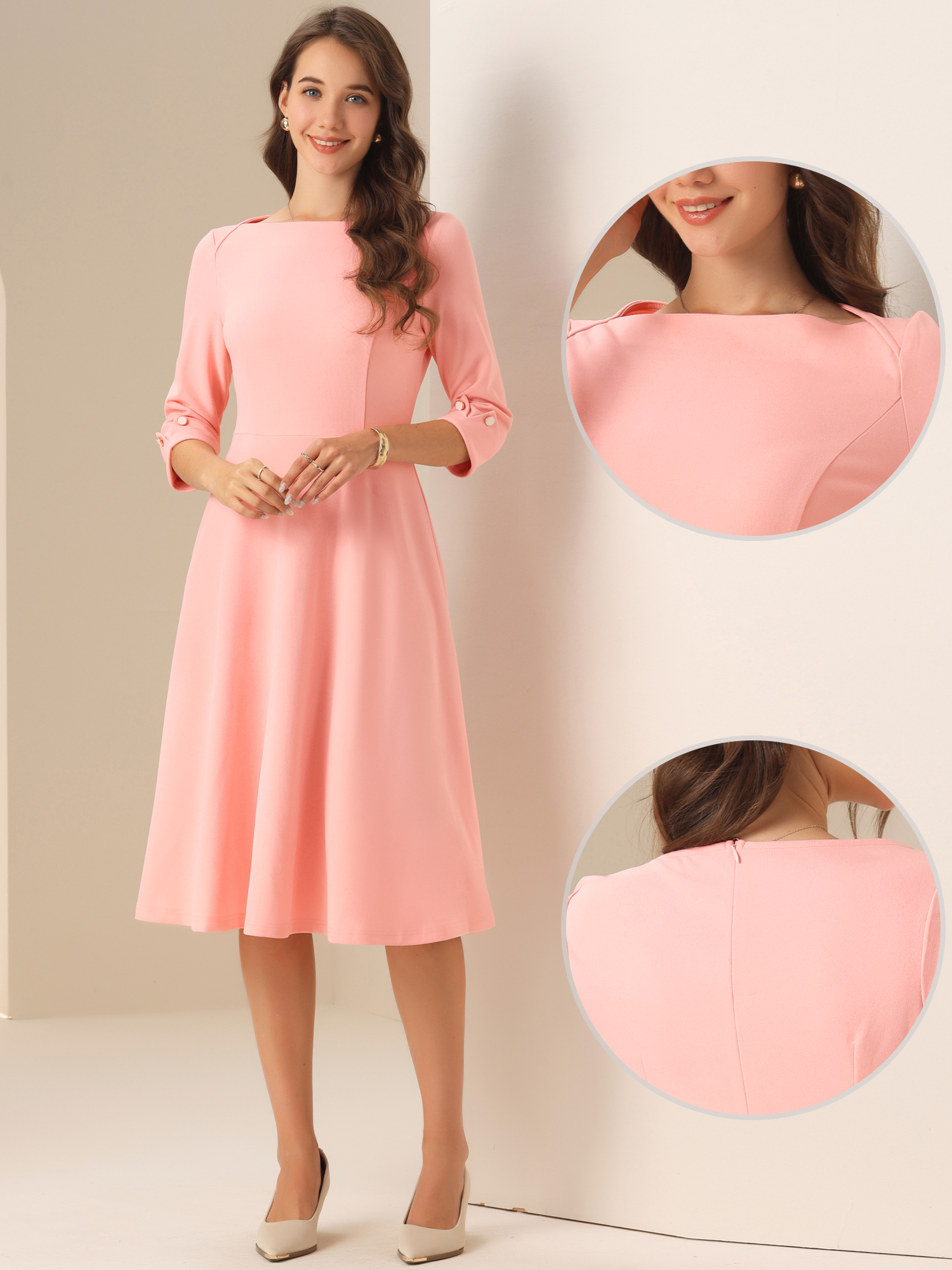 DARING DIVA Elegant Boat Neck Wear to Work Dress XS Pink