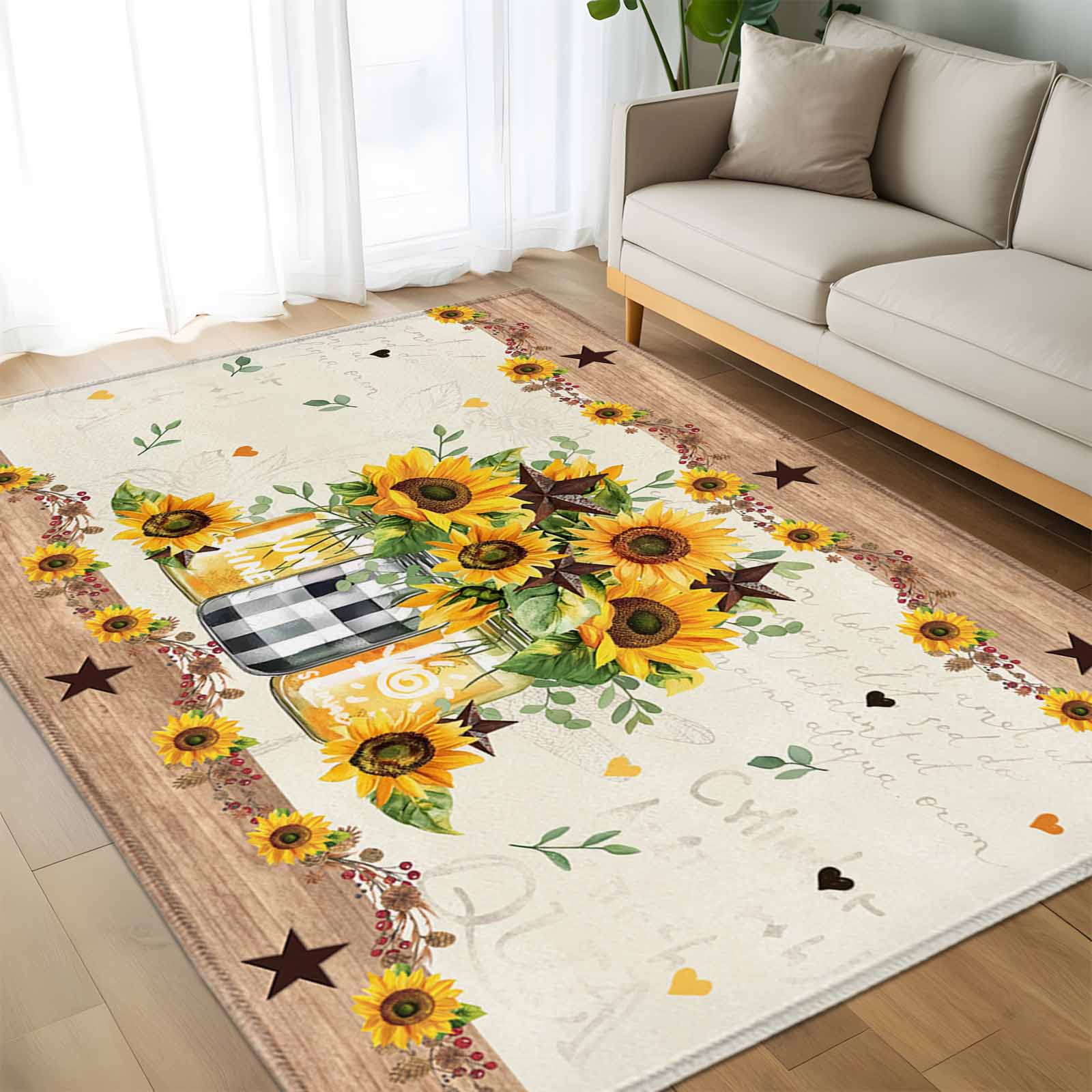 Sunflower Vintage 5x8 Area Rugs, Farmhouse Floral Botanical Brown Wooden Non-Skid Rubber Backing Large Rectangle Rugs - Living Room Bedroom Home Office, Indoor Floor Mat Carpets Washable Rug