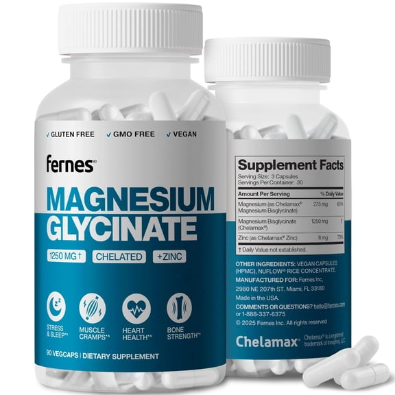 Fernes Magnesium Glycinate 275 mg with Zinc, 90 Vegan Capsules