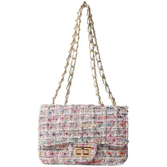Sac Carré à Carreaux en Tweed pour Femme, Grand Sac d'Épaule Matelassé Tissé Brodé à Grande Capacité, Sac à Main en Laine pour Dames Pochette Fourre-Tout