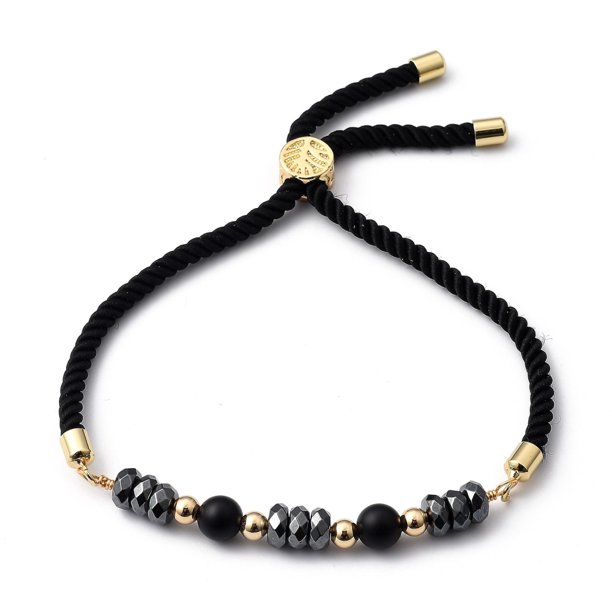 Adjustable Slider Bracelets Nylon Cord Bracelets with Natural Black Agate(Dyed & Heated) Beads Non-Magnetic Synthetic Hematite Beads and Brass Beads Golden Inner Diameter: 3/4 inch~3-1/8 inch(2~8cm)