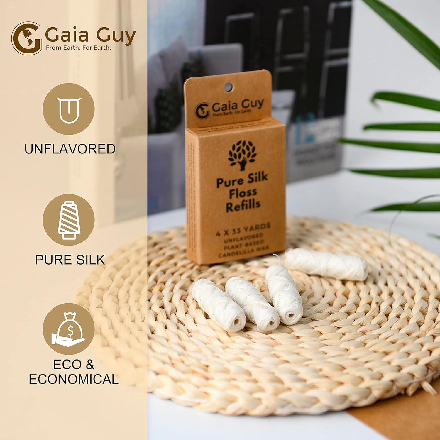 Silk Dental Floss Refills | Unscented Natural Silk | 4 Rolls 33-yard | Compostable, Sustainable, and Biodegradable Silk Dental Floss with Eco-friendly Packaging