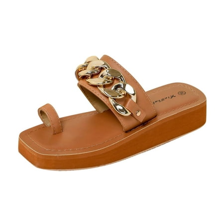 

Fanxing 2023 Womens Thick Sole Fashion Flat Sandals Toe Ring Anti-Slip Summer Outdoor Walking Shoes Comfort Platform Sandals