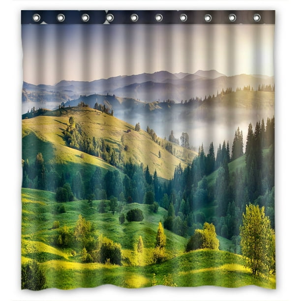 PHFZK Landscape Nature Scenery Shower Curtain, Sunset in the Mountains