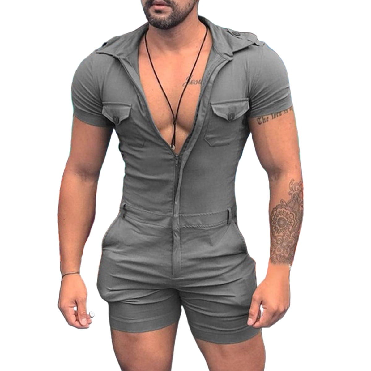 Dellytop Mens Short Sleeve Zip Shorts Pure Color Jumpsuits With Pocket ...