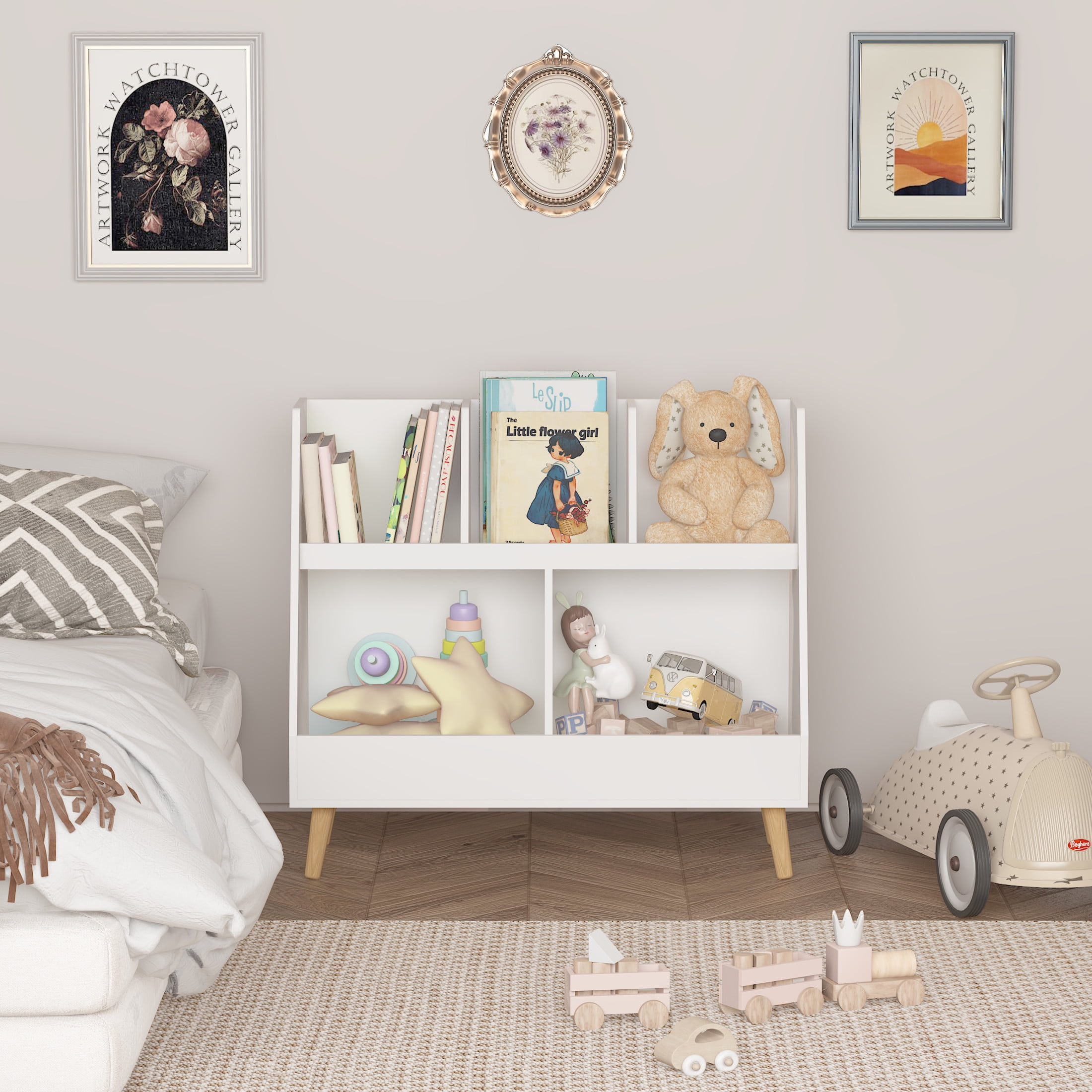 Noble House Solview 32" Kids Wooden Bookshelf and Toy Organizer, 5-Cubby 2-Bin Storage Cabinet for Playroom, White