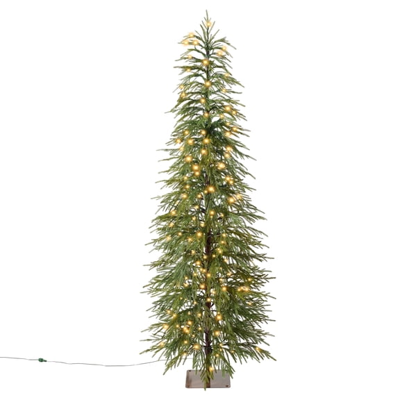 DR.Planzen 6' Pre-Lit Green Cypress Artificial Christmas Tree with 220 Warm White LED Lights, Pencil Xmas Tree with Metal Stand, Indoor Holiday Centerpiece