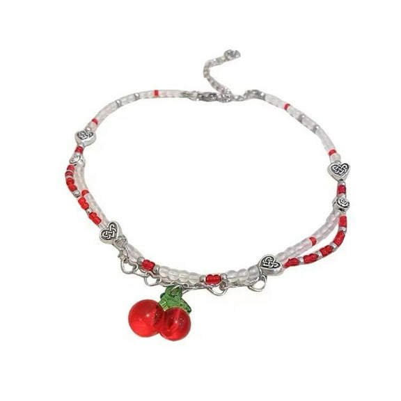 Y2K Red Cherry Heart Beaded Choker Necklace Women Bohemian Beads Cherry Pendant Necklaces Vintage Egirl Necklace Jewelry