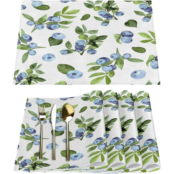 Watercolor Blueberry Leaves Placemats Set of 6 Fabric Placemats Square Placemat for Kitchen Table Heat Resistant, Easy to Clean Table Placemats 12x18 Inch