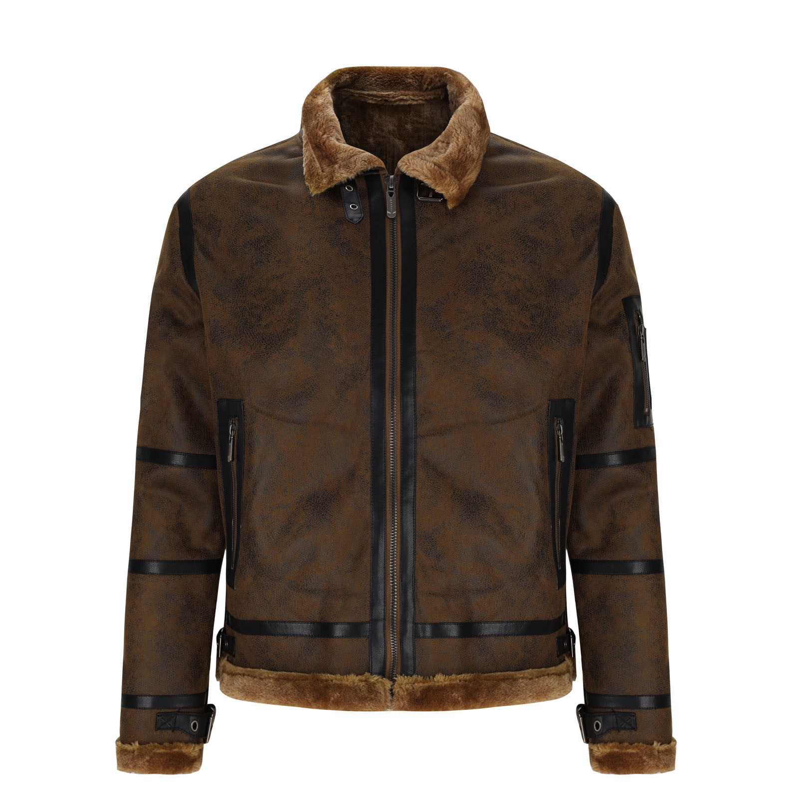 Leather Jackets for Men Thicken Fleece Lined Coats with Zipper Pockets and Collared Long Sleeve Zip Up Slim Thermal Warm Business Work Winter Jacket