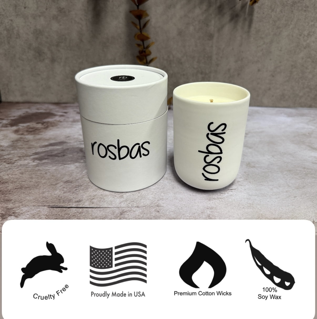 Rosbas, Soy Candle, UnScented, 8 oz White Ceramic Jar, Cotton Wick, Gift Box, Long Burn Time, Home, Handmade in USA
