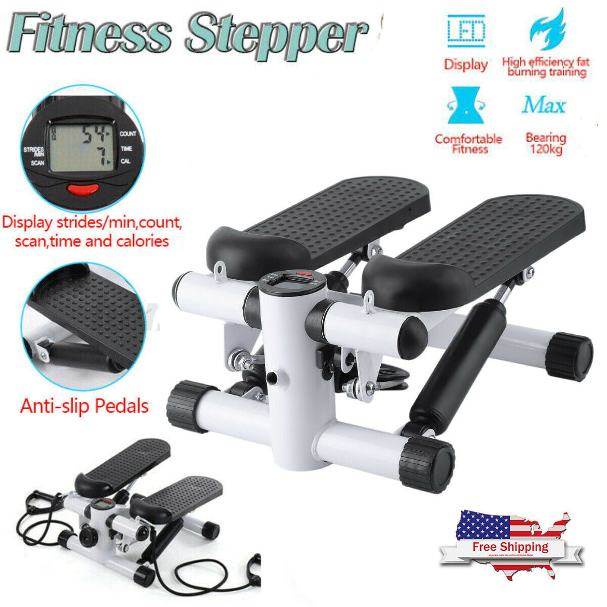 Mini Fitness Air Climber Stair Stepper Aerobic Stepp Machine W/Resistance Bands 