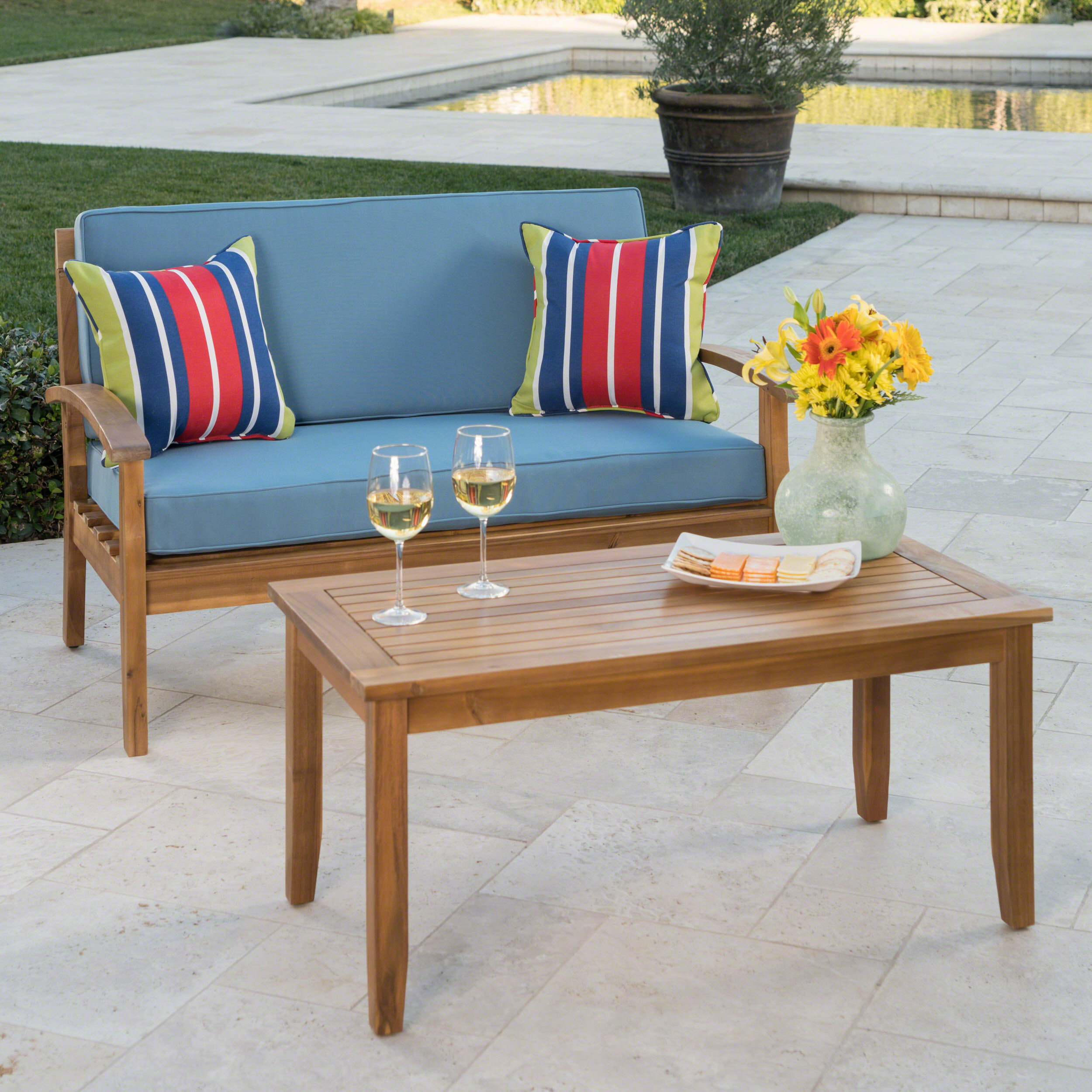 Outdoor Loveseat and Coffee Table Combined Leisure Set, Acacia Wood Frame Furniture for Patio Garden, Blue