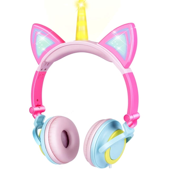 KSCD Unicorn Écouteurs pour Enfants Filles Garçons Tout-Petits Tablette Fournitures Scolaires Cadeaux, Écouteurs Filaires Réglables Roses Oreilles de Chat Pliables Casque de Jeu Cadeaux d'Anniversaire de Voyage