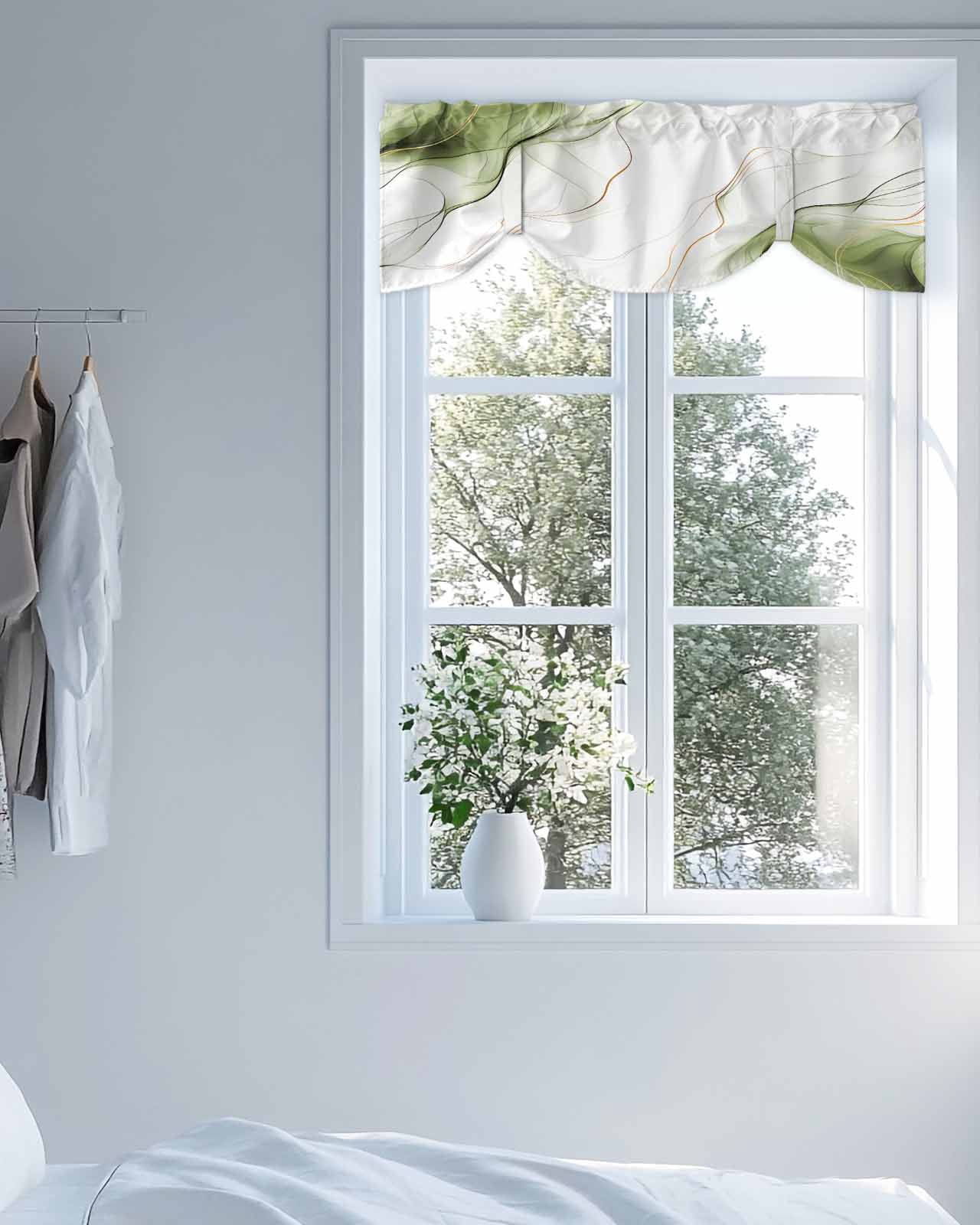 Sage Green Water Ripple Tie Up Valances Curtain, Adjustable Kitchen Vintage Abstract Valances for Windows Decor, Rod Pocket Short Curtains Set for Bedroom/Bathroom, 60"x18"