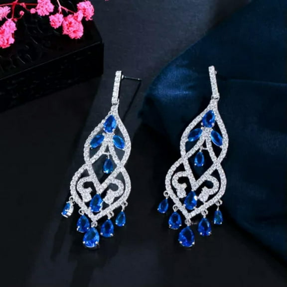 Blue CZ Women Long Tassel Dangle Drop Chandelier Earrings Silver Plated Jewelry