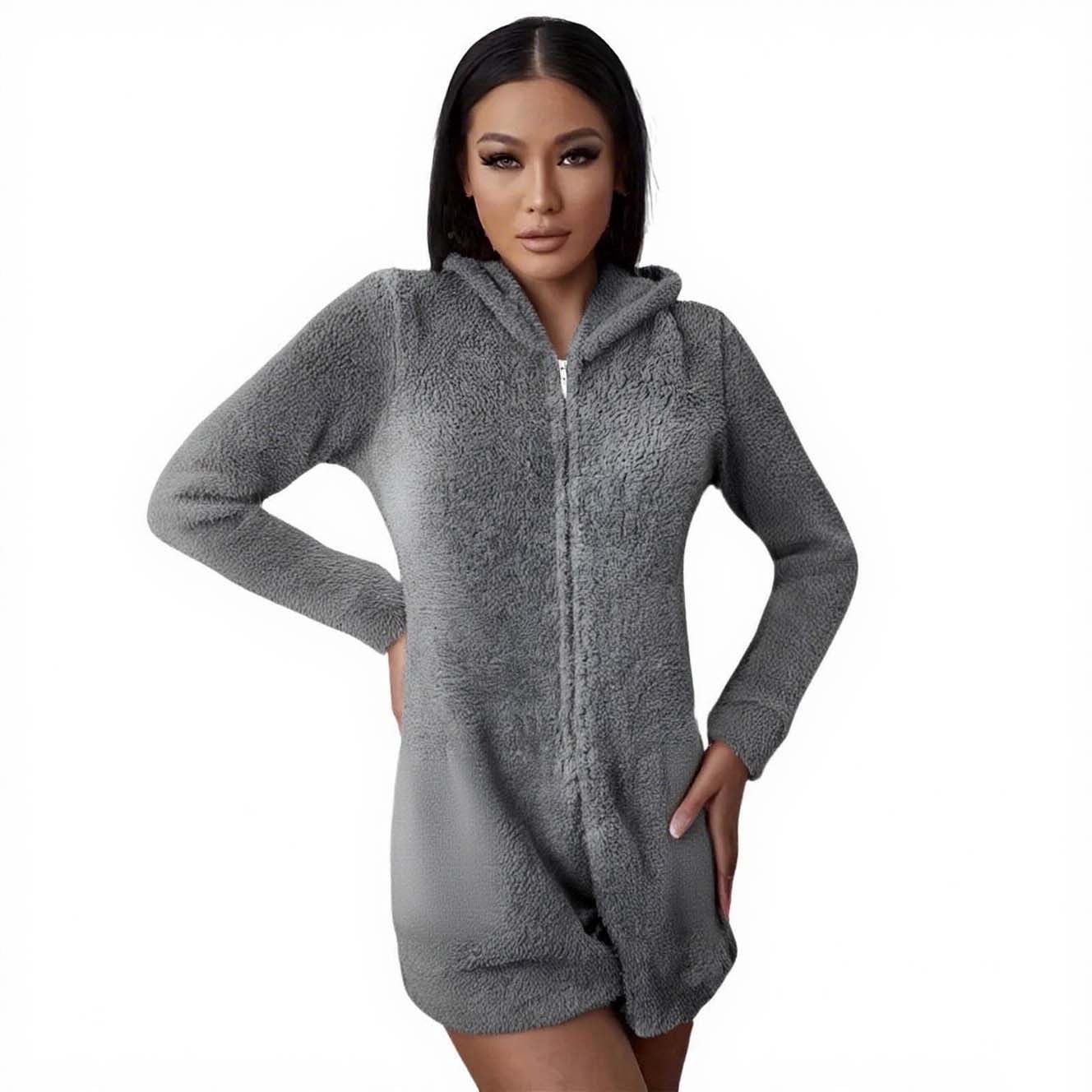 Womens Long Sleeve Onesies Pajamas Fuzzy Zip-Up Hooded Romper Warm Short Playsuit Jumpsuit Fleece Sherpa Sleepwear Gray, S