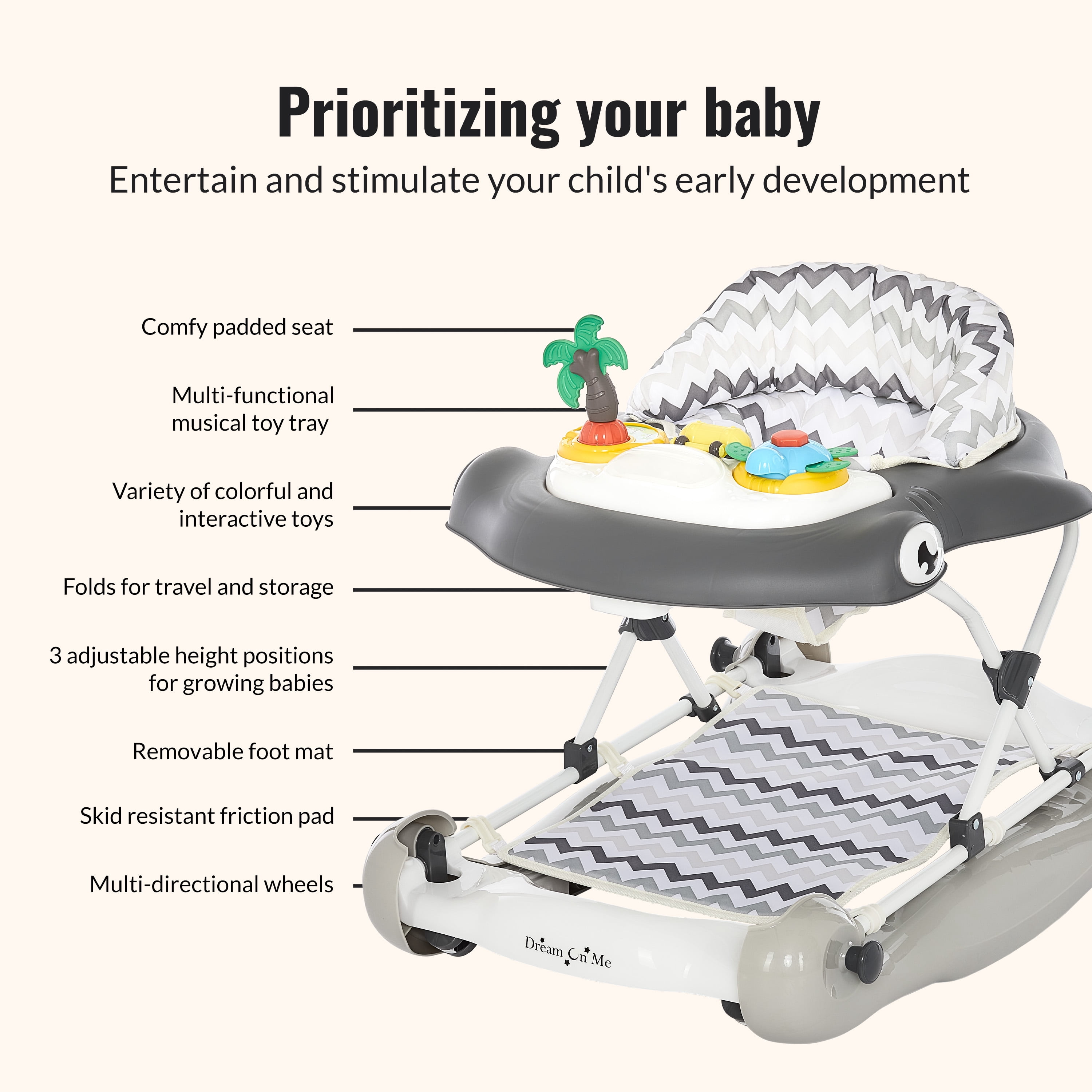 Dream on Me 2-in-1 Aloha Fun Activity Baby Walker in Grey, Easy to Fold and Store