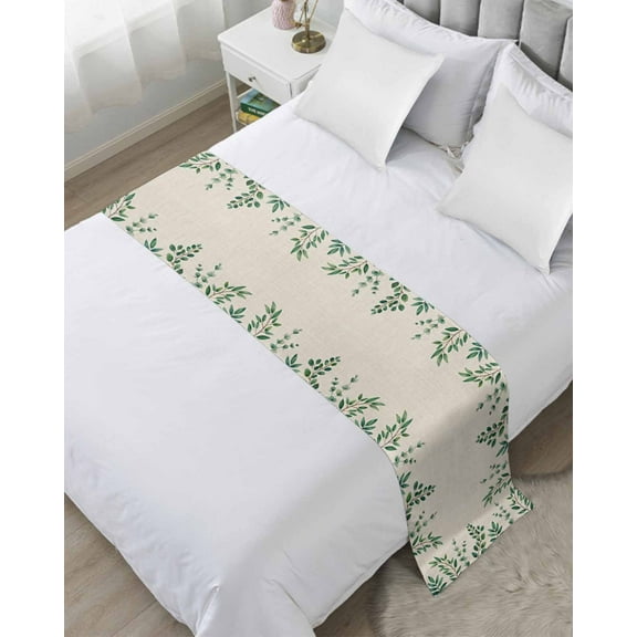 Xipuska Green Leaf Bed Runners for Queen Size Bed, Decorative Bed Throws for Foot of Bed, Sage Eucalyptus Farmhouse Country Plant Bed Runner Sofa Throw Bedding Scarf Protector Slipcover for Bedroom