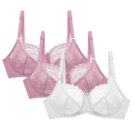 3PC Womens Lace Bras Non Padded Embroidered Underwire Unlined Full Coverage Push Up Plus Size Bralette Bra Pink 2 40 B