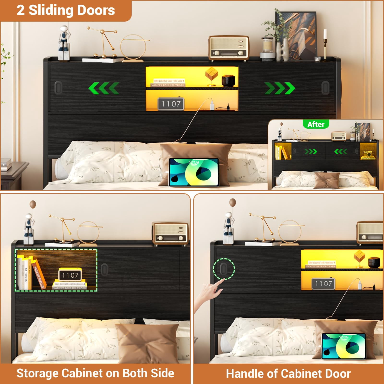 Homieasy Queen Size Storage Headboard with Charging Station, LED Light & Sliding Doors - Sturdy Bookcase Headboard with Bed Adapter for Bedroom, Black