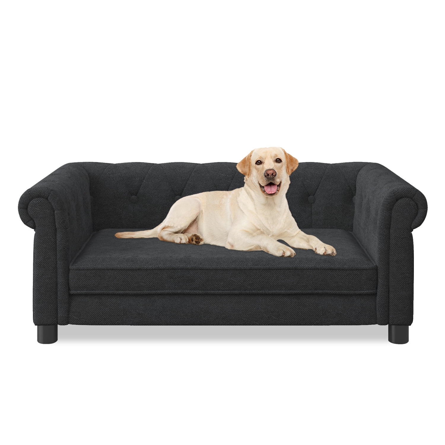 Lisonu Elevated Dog Sofa Bed, 40" Modern Pet Couch for Medium & Large Dogs, Stylish Black Linen Fabric Dog Furniture with Thick Cushioning, Durable 100lb Capacity Lounger for Living Room & Bedroom