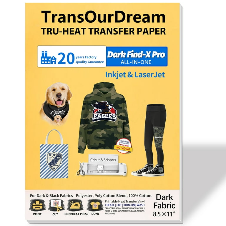 TransOurDream Dark Find-X Pro Printable Heat Transfer Vinyl Paper for Dark  Fabrics, Inkjet, 8.5x11, 50 Iron on Transfers 