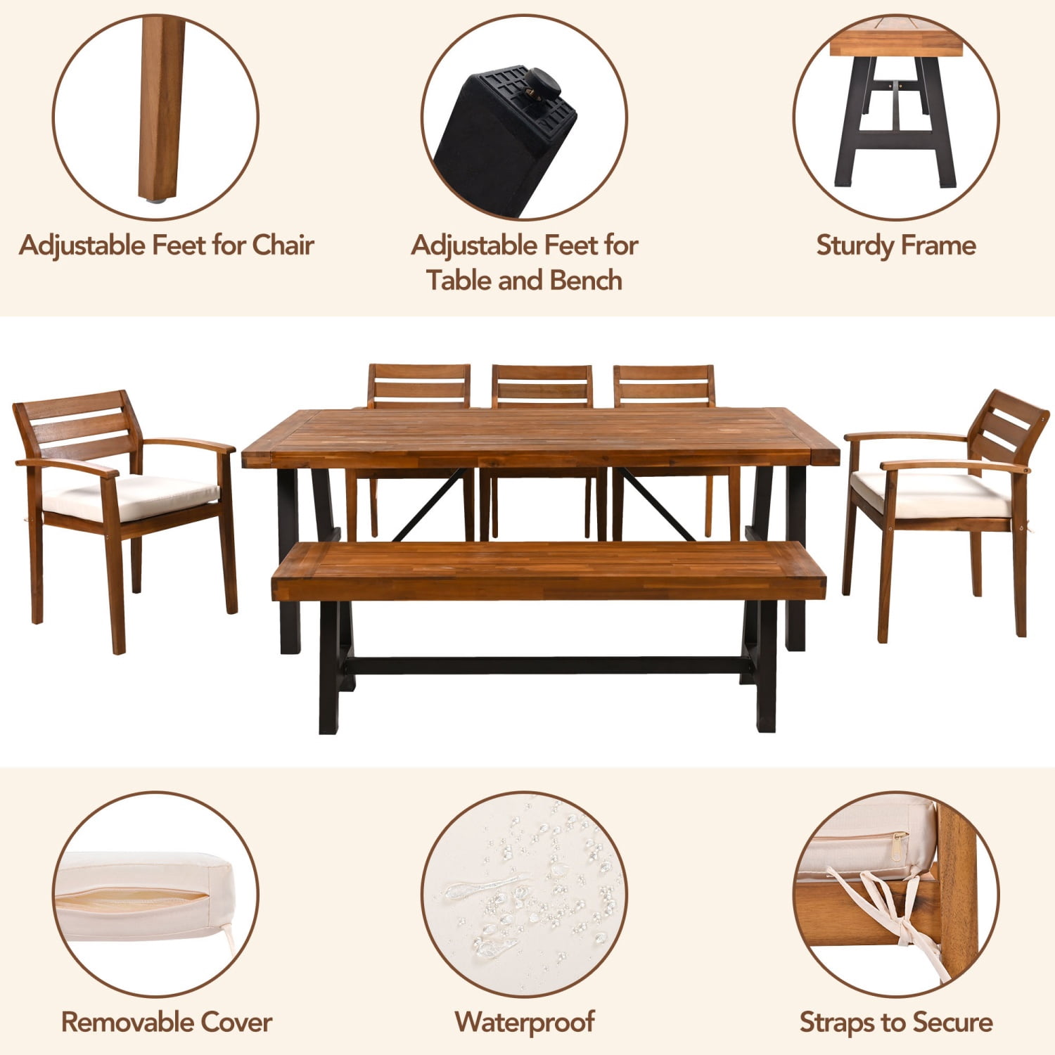 HighSound 7 Piece Outdoor Wood Dining Set, Patio Dining Table with Bench & Chairs for 7-8 Persons, Garden Club Dining Set for Backyard, Natural