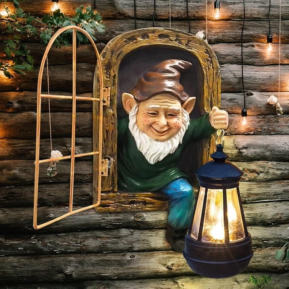 Gnomes Statue with Solar Lights Christmas Decorations Whimsical Fairy Garden-Elf Outdoor Tree Hugger Garden Statues- Tree Face Sculpture, Yard Art for Patio,Fence,Lawn,Wall Gnomes Ornament