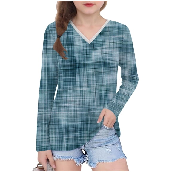 bbymog Long Sleeve Girls Shirts Fashion Printed Casual V Neck Pullover Tops Girls Tshirts Light Blue C 5 Years