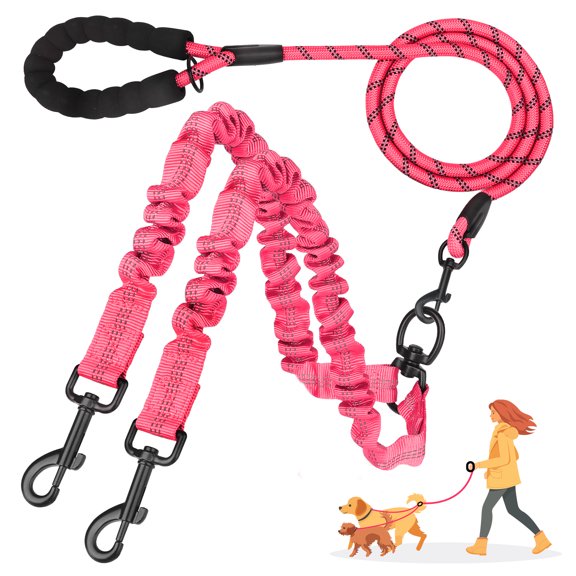 Jewyow Double Dog Leash,  360° Swivel Tangle Free Bungee Walking Training for Large Medium Dogs, Reflective Dog Leash for 2 Dogs, Pink