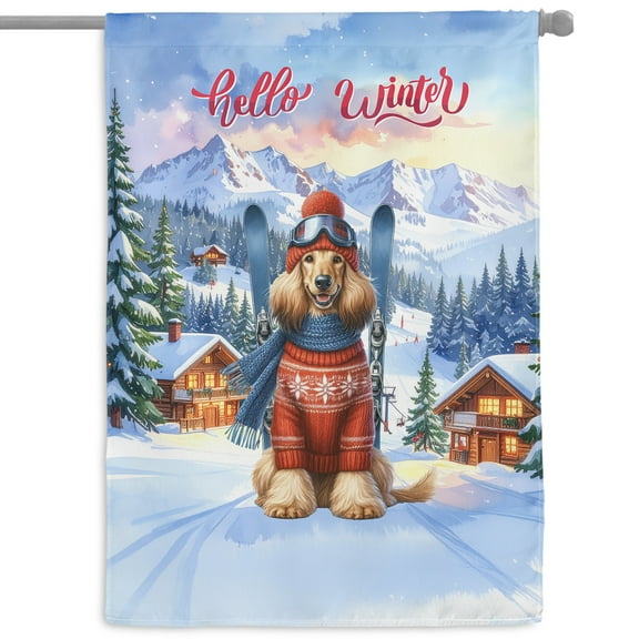 Hello Welcome Winter The Ski Afghan Hound Snowy Day House Flag 28x40in Double Sided Dog Lover Outdoor Decor - 13013