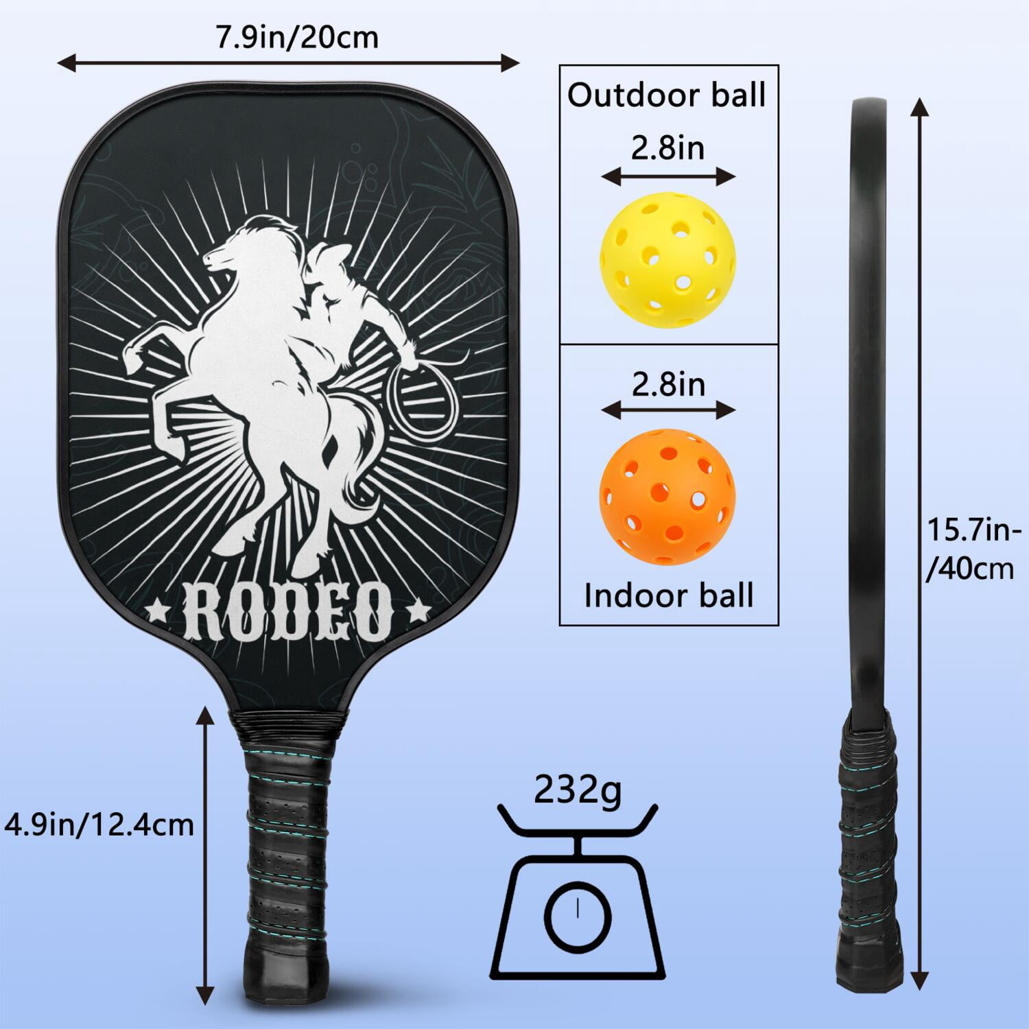 Pickleball Paddles Set Of 1, Fiberglass Surface, West & Cowboy Print, 1 Paddle, 2 Balls & Bag
