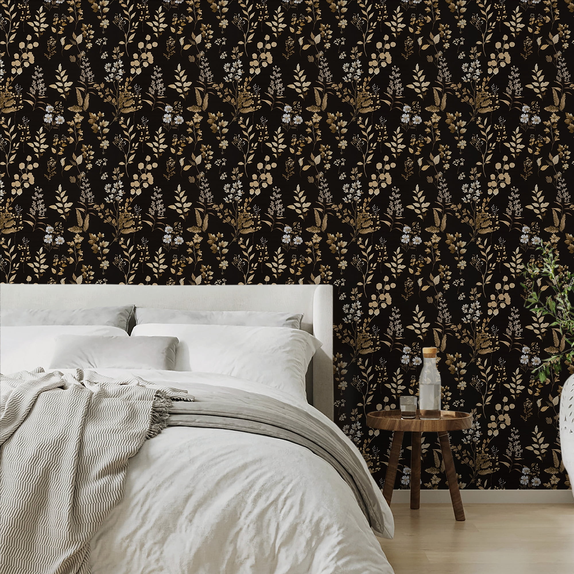 UMIGGEE 17.3-in x 236-in Floral Wallpaper Peel and Stick Floral Black Wallpaper Self Adhesive Flower Wall Paper Contact Paper Home Decor Wall Covering Old Furniture Renovation