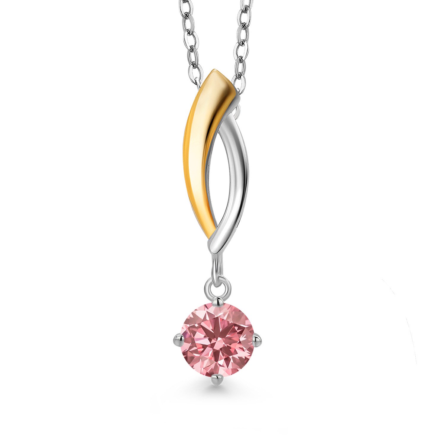 Gem Stone King 925 Silver and 10K Yellow Gold Pink Lab Grown Diamond Pendant Necklace for Women | 0.50 Cttw | Gemstone April Birthstone | Round 5MM | With 18 inch Silver Chain