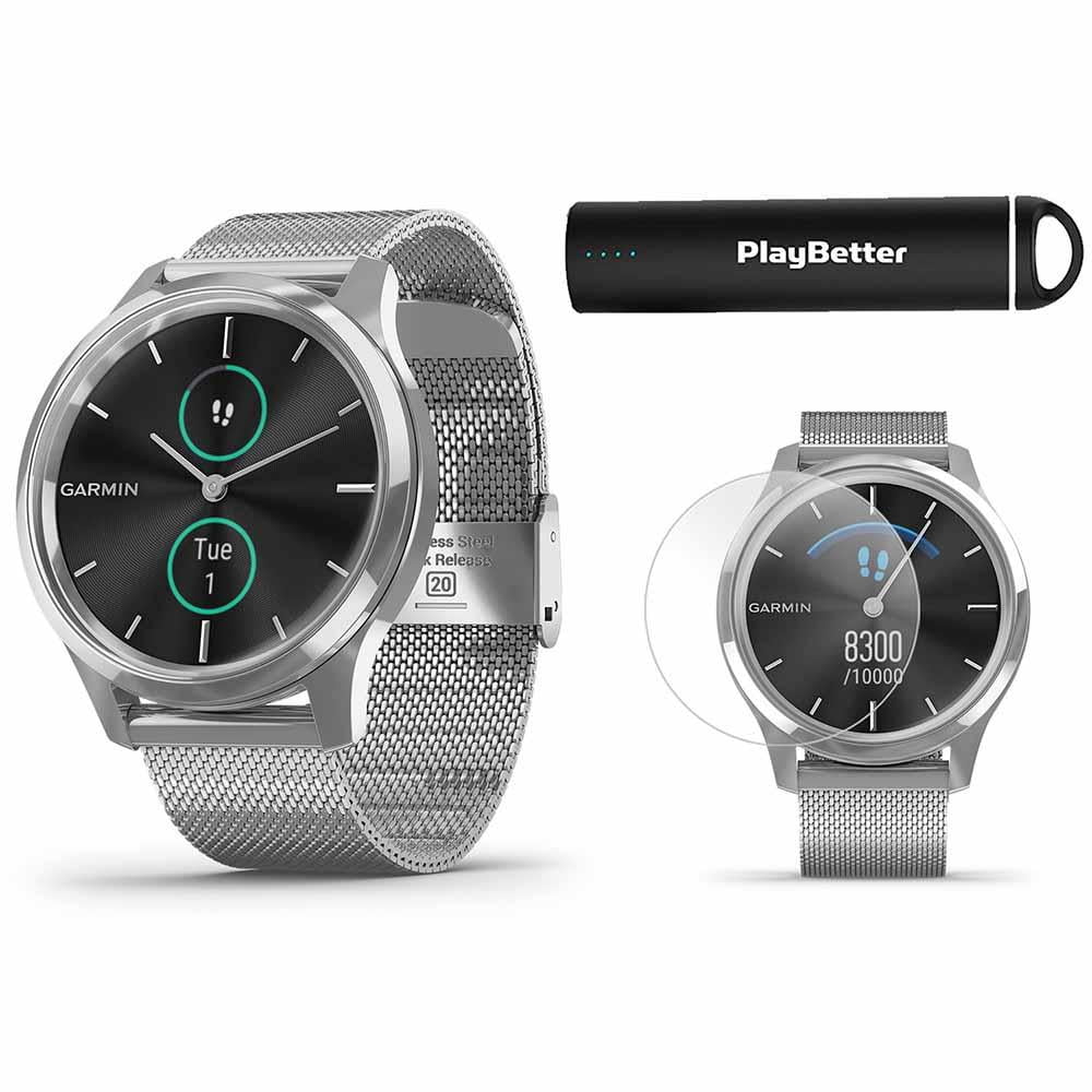 Garmin vivomove Luxe (Milanese/Silver) Hybrid GPS Smartwatch Power Bundle  +PlayBetter Portable Charger  PlayBetter HD Screen Protector Film (4-Pack) 