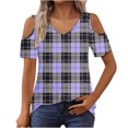 thumbnail image 2 of USSUMA Festive Fashion Womens Tops Short Sleeve V Neck Plaid Checkered Loose Tunic Pullover Shirt Tops Off Shoulder T-Shirt Loose Flowy Modern Fit Womens Clothes for Street Purple S, 2 of 7
