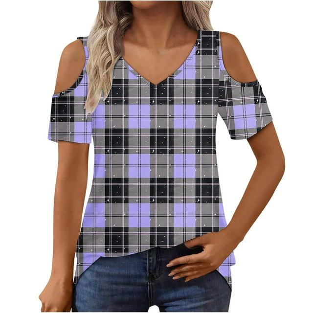 Tops de Algodón para las Mujeres Impresión de Manga Corta Cuello en V Fuera Del Hombro Blusa de Moda, Imitación de Algodón para el Hogar Diario