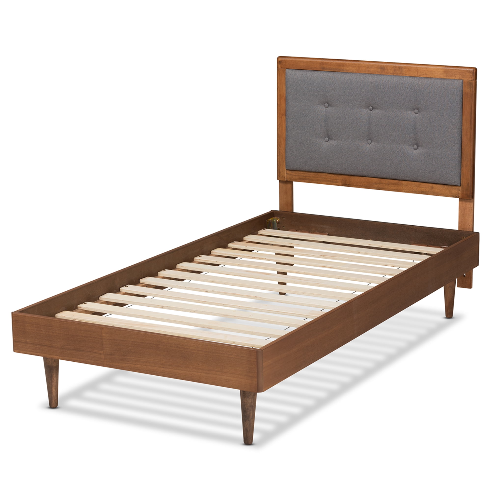Baxton Studio Greta Mid-Century Modern Dark Grey Fabric Upholstered and Walnut Brown Finished Wood Twin Size Platform Bed