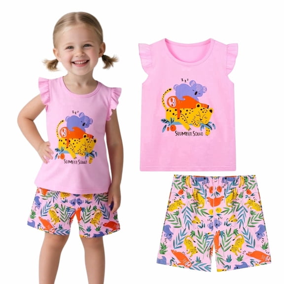 HILEELANG Toddler Girl Summer Short Outfits Cotton CrewNeck Pink Animals Short Sleeve Playwear 2PC Sets 3T