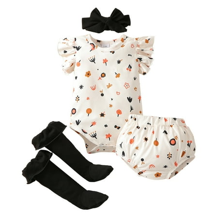 

GWAABD Toddler Clothes for Girls Black Cotton Blend Girls Fly Sleeve Cartoon Floral Prints Romper Bodysuit Shorts and Shorts Stockings Headband 4PCS Outfits Clothes Set 12M