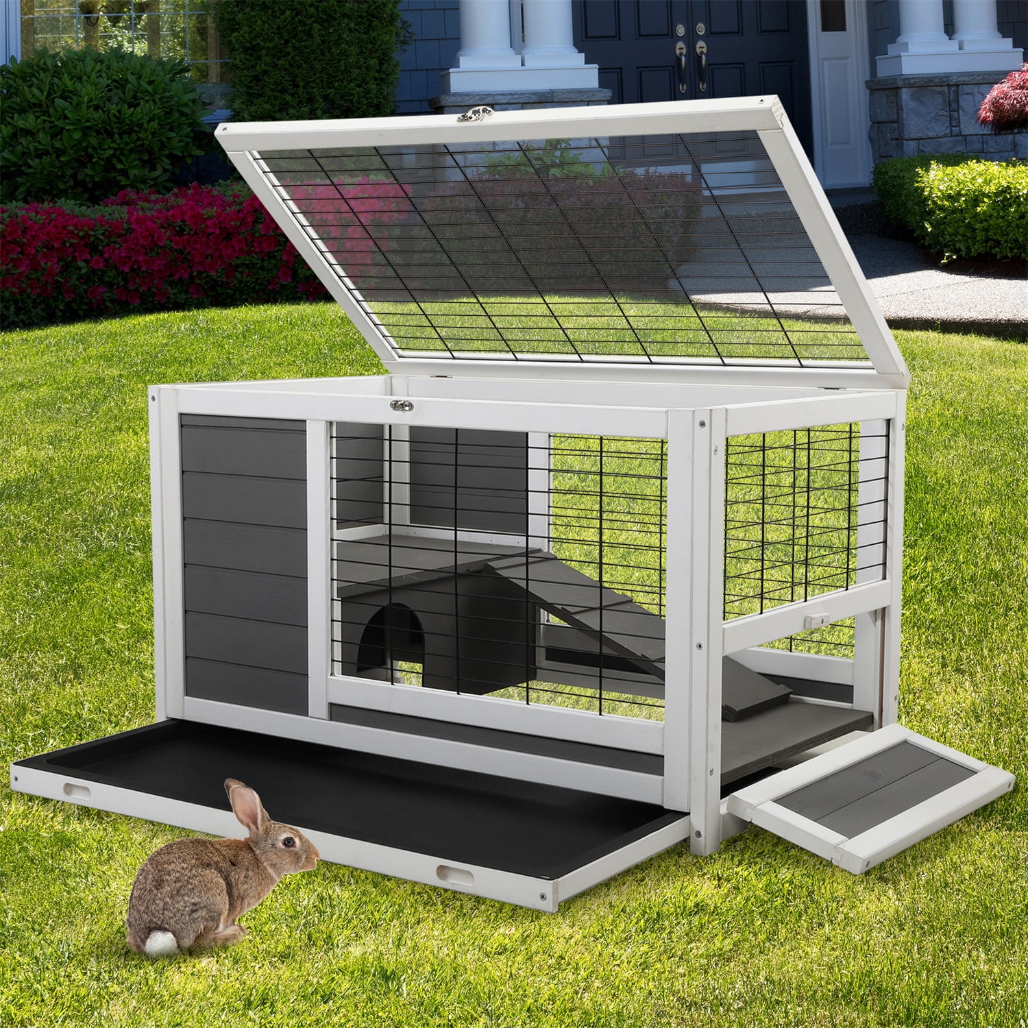 Pefilos 35" 2-Storey Guinea Pig Hutch Pet House Box Wooden Rabbit Cage Comfy Cabin for Small Animals, Gray Pefilos 35" 2-Storey Guinea Pig Hutch Pet House Box Wooden Rabbit Cage Comfy Cabin for Small Animals, Gray
