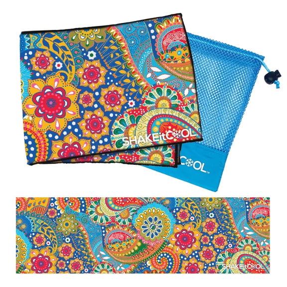 SHAKEitCOOL Original Cooling Towel – Be Cool in Style - Heat Relief, Soft, Lightweight, Sun Protection, Easy Clean - Perfect for Biking, Running, Yoga, Gym, Gardening - Bright Paisley